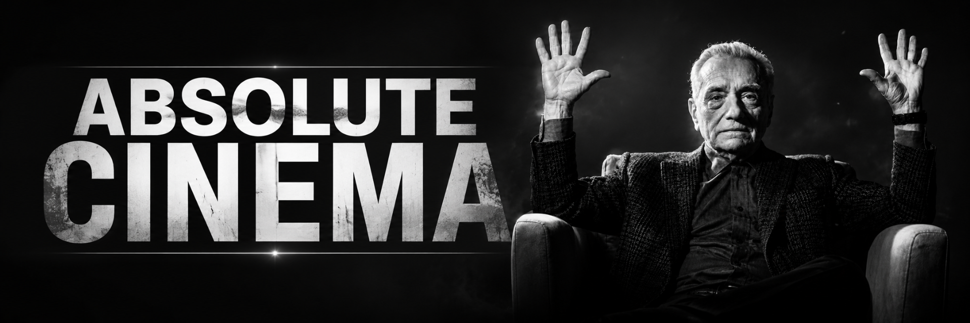 Martin Scorsese seated in an armchair, both hands raised in approval, beside distressed type reading Absolute Cinema