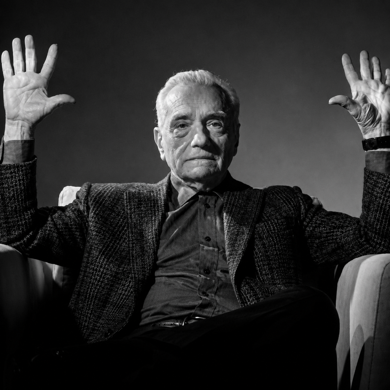 Black and white portrait of Martin Scorsese raising both hands in the absolute cinema gesture